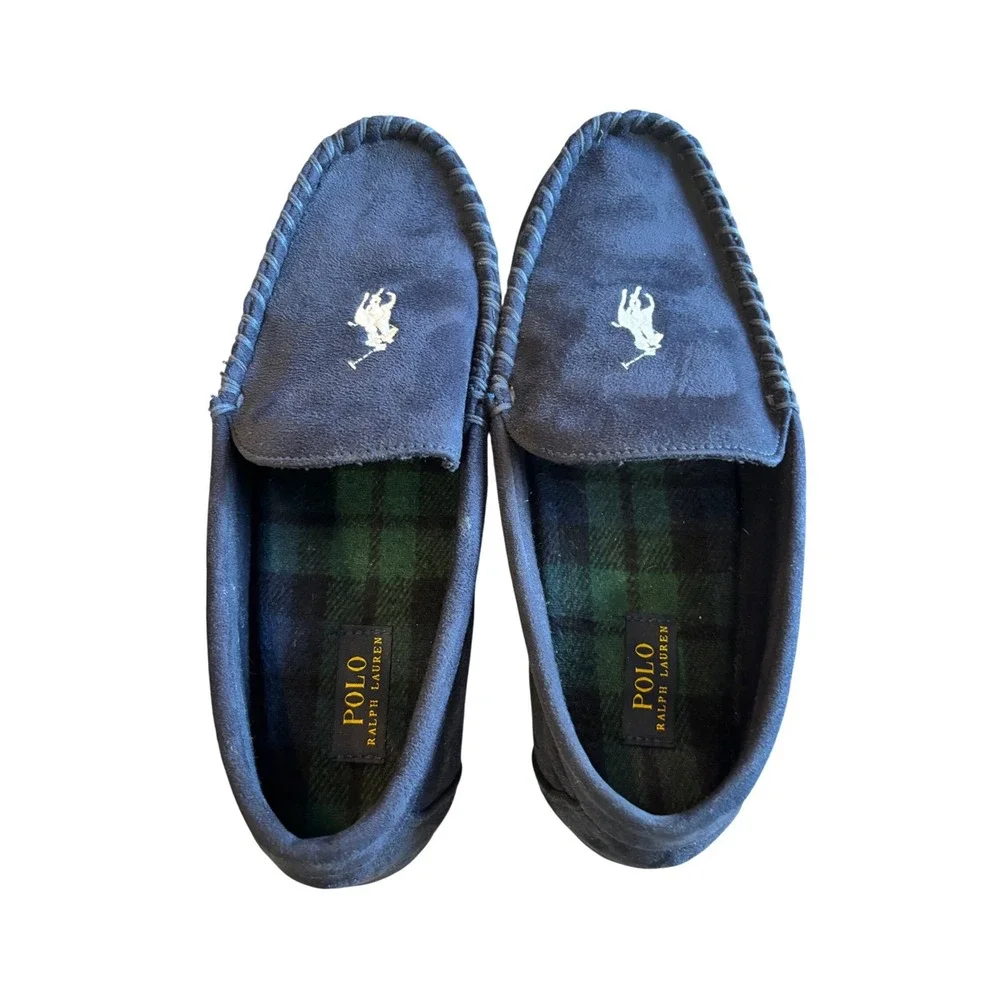 Polo Ralph Lauren Declan Mens Navy Blue Suede Moccasin Slippers Plaid Lining 12 - Picture 2 of 9